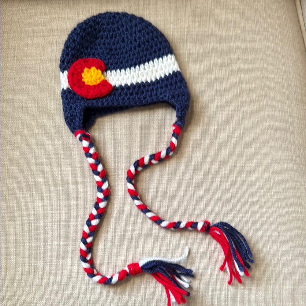 Handmade Colorado Flag Navy Blue Crochet Kids Hat with Red and White Accents